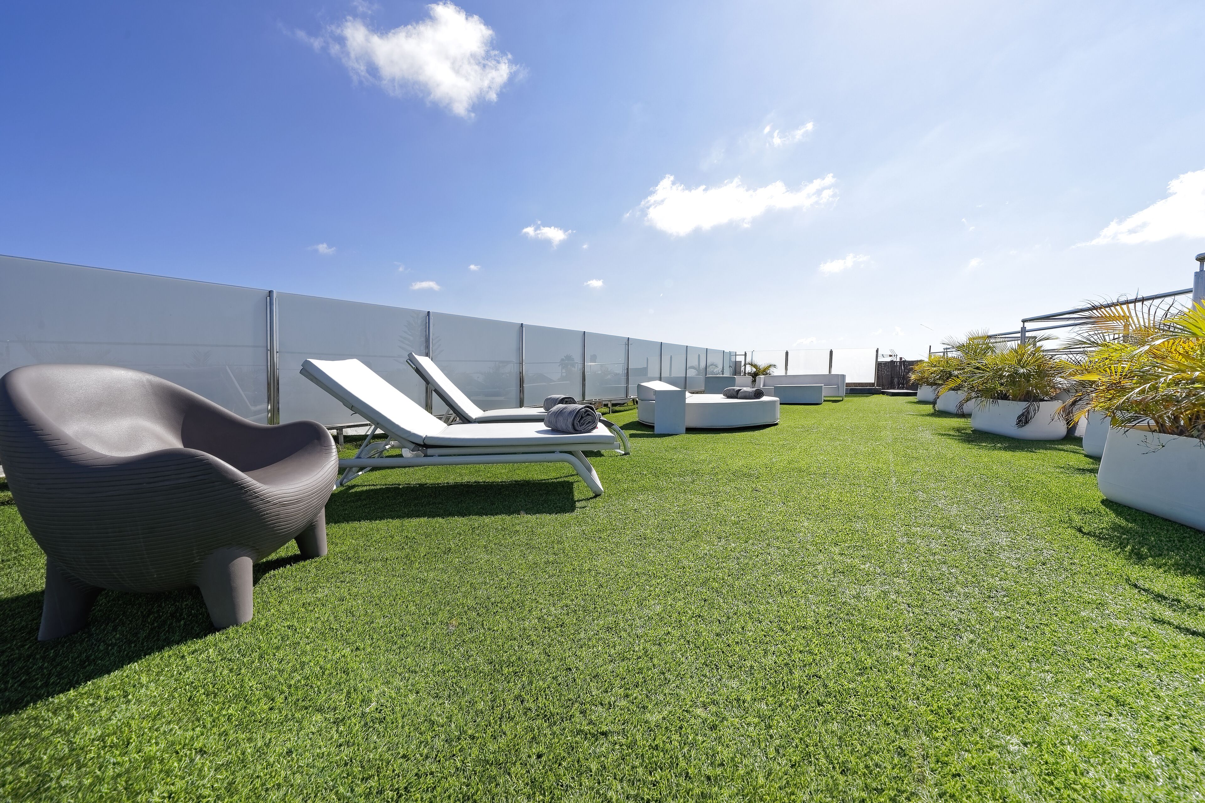 A rooftop terrace with artificial grass, lounge chairs, and potted plants.