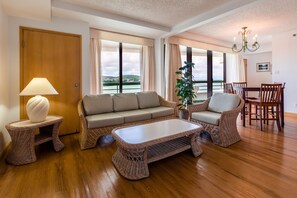 Deluxe Suite, 2 Bedrooms, Kitchen, Partial Ocean View | 1 bedroom, blackout drapes, iron/ironing board, free WiFi