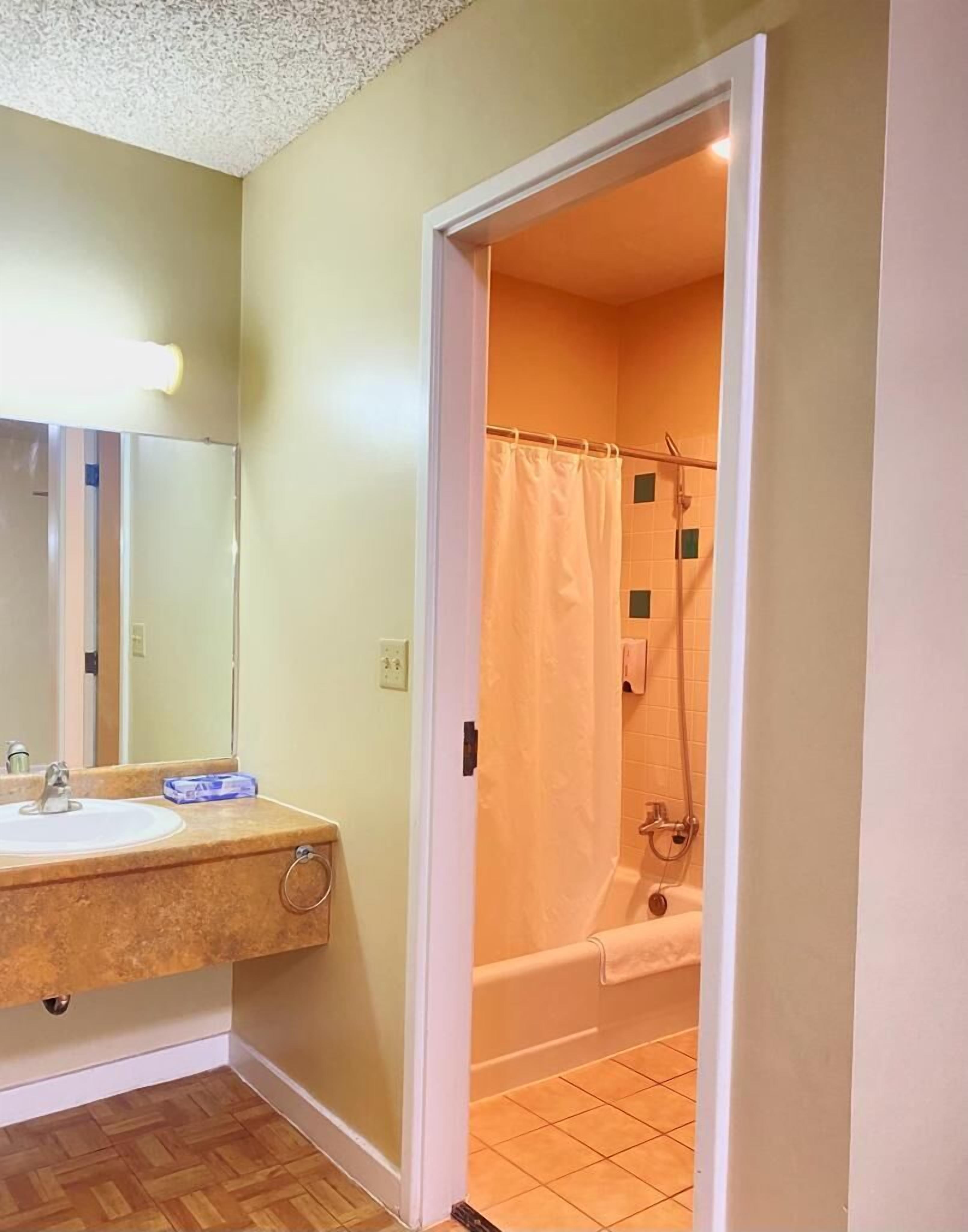 A bathroom with a sink, mirror, and shower.