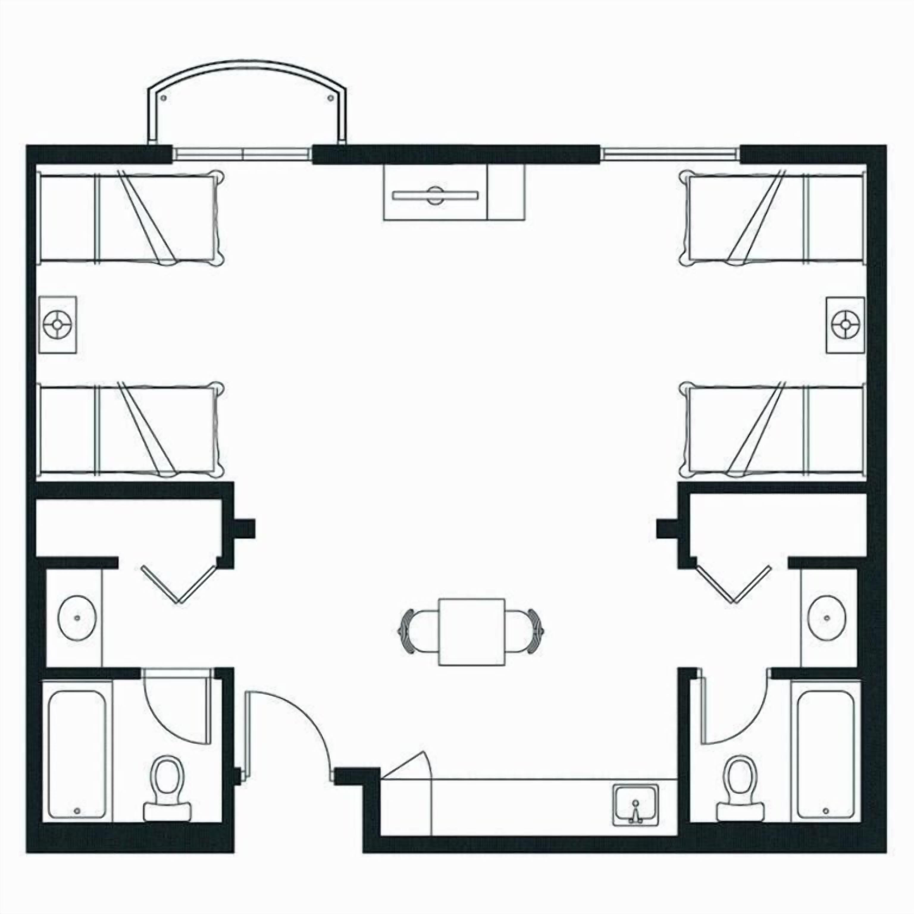 A floor plan of a hotel with four bedrooms, two bathrooms, a kitchen, and a dining area.