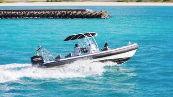 A motorboat with a canopy, two people, and a wake in the water.