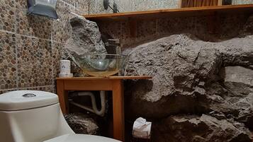 A bathroom with a toilet, a sink, and a shower area.