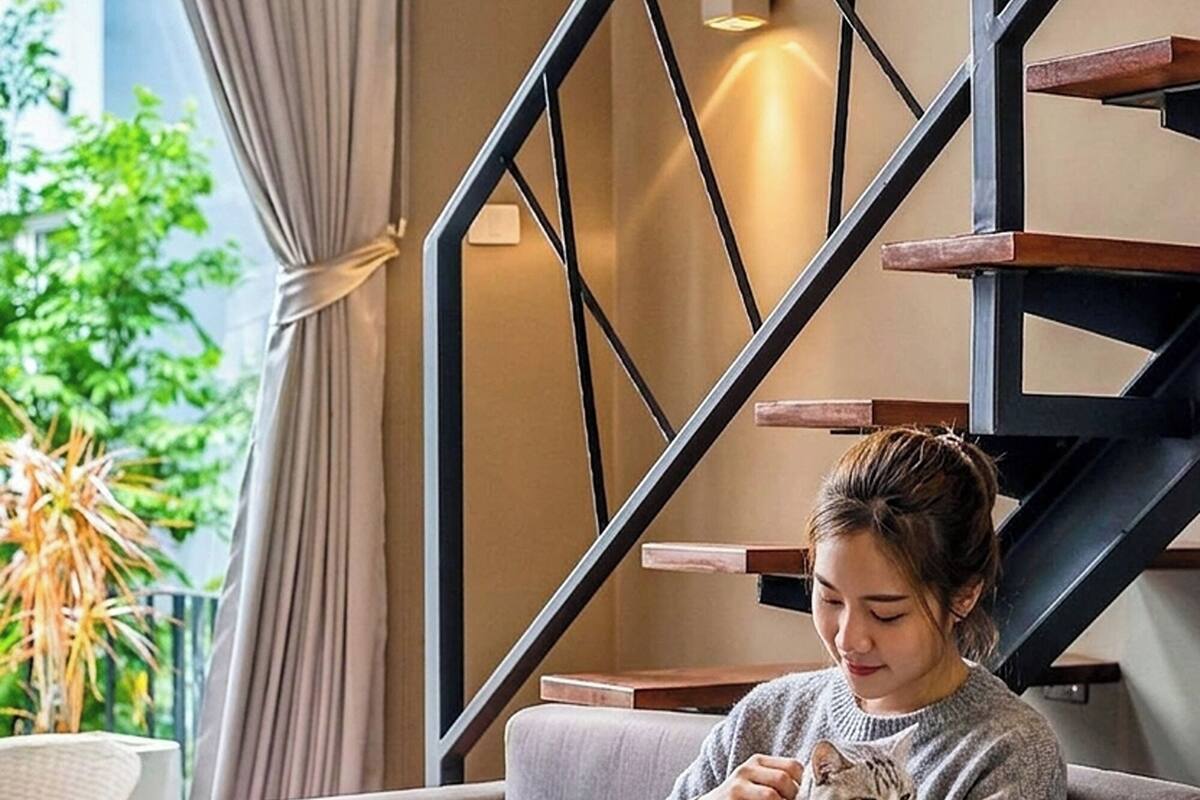A person sitting on a sofa with a cat, a staircase, and a view of greenery outside.
