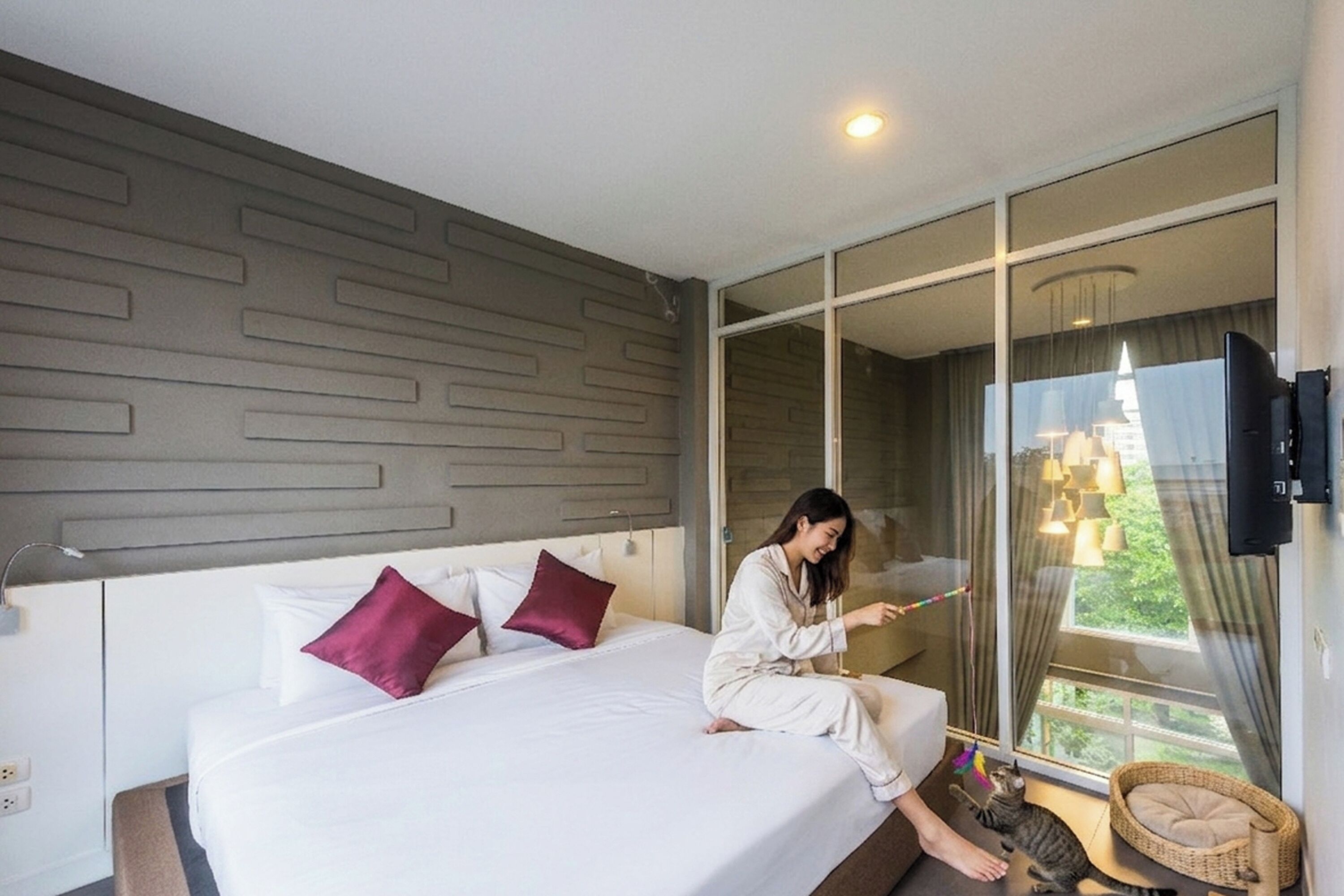 Una habitación de hotel moderna con una cama grande, televisión y vistas a zonas verdes.