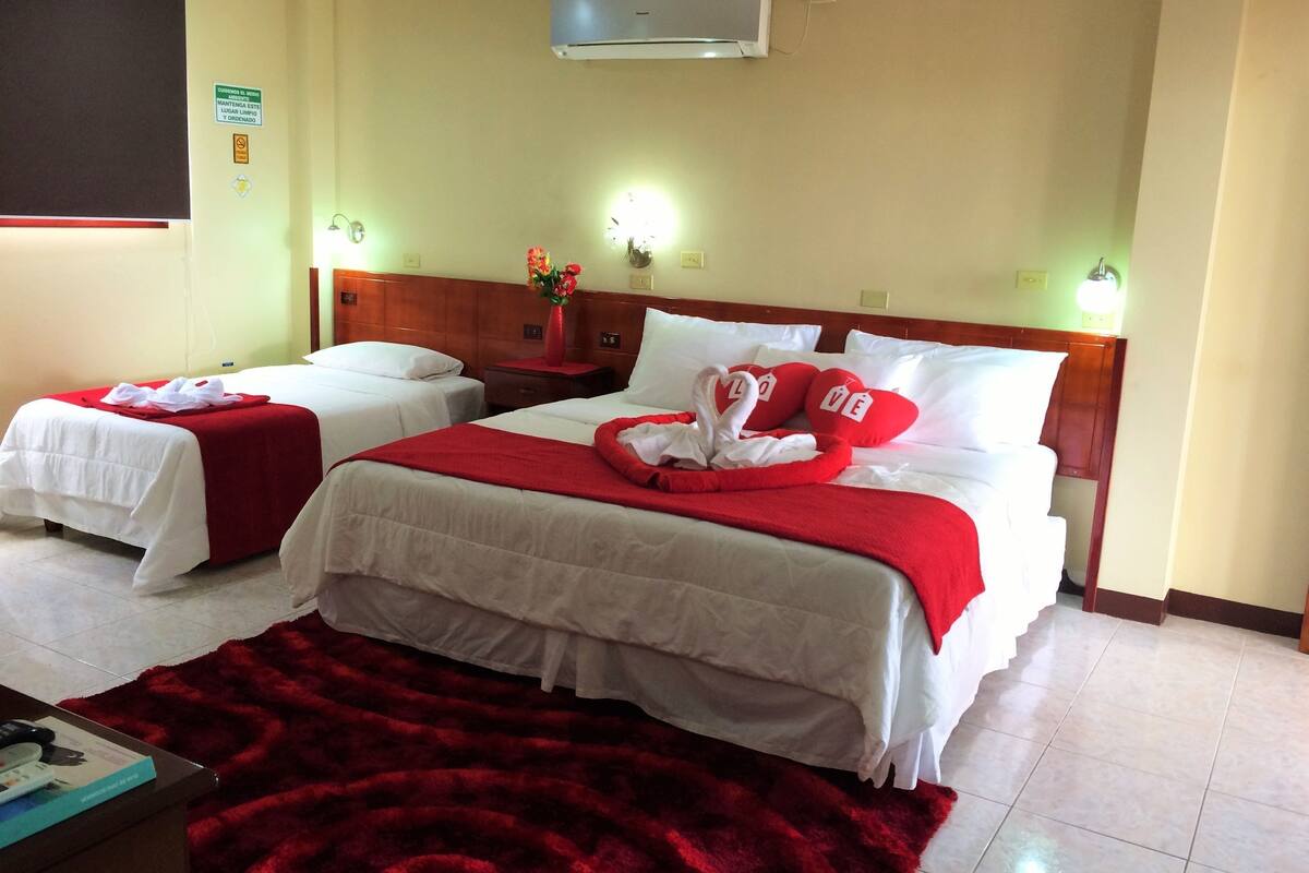 Una habitación de hotel con dos camas, una alfombra roja, una mesita de noche con un florero y un aire acondicionado instalado en la pared.