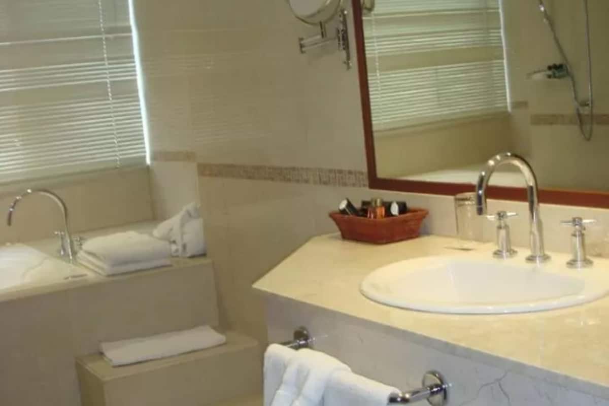 combined shower/bathtub, free toiletries, hair dryer, towels