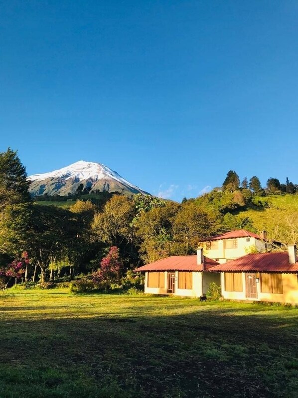 A house with a red roof, surrounded by greenery and a mountain in the background. - Rutun Orquídeas (Baños de Agua Santa)