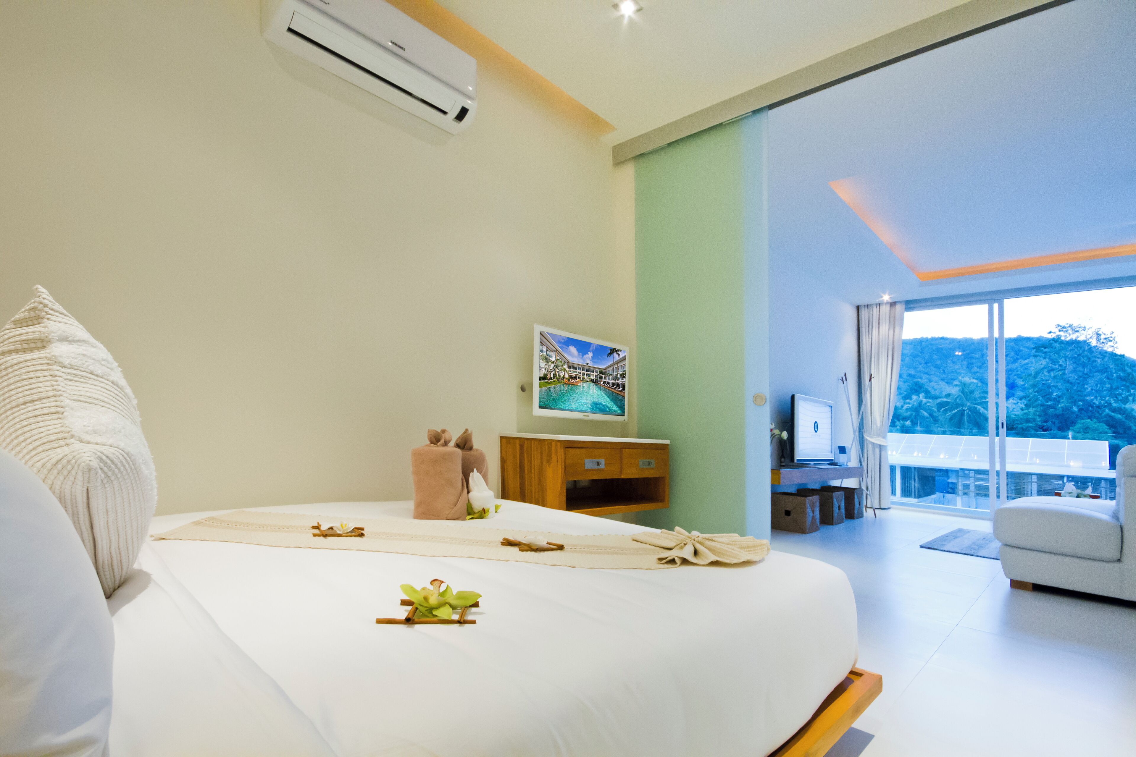 A modern hotel room with a large bed, a TV, a wooden cabinet, and a balcony with a view of trees.