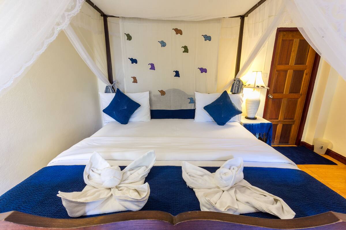 A neatly made bed with a canopy, a wall with animal decorations, and a wooden door.