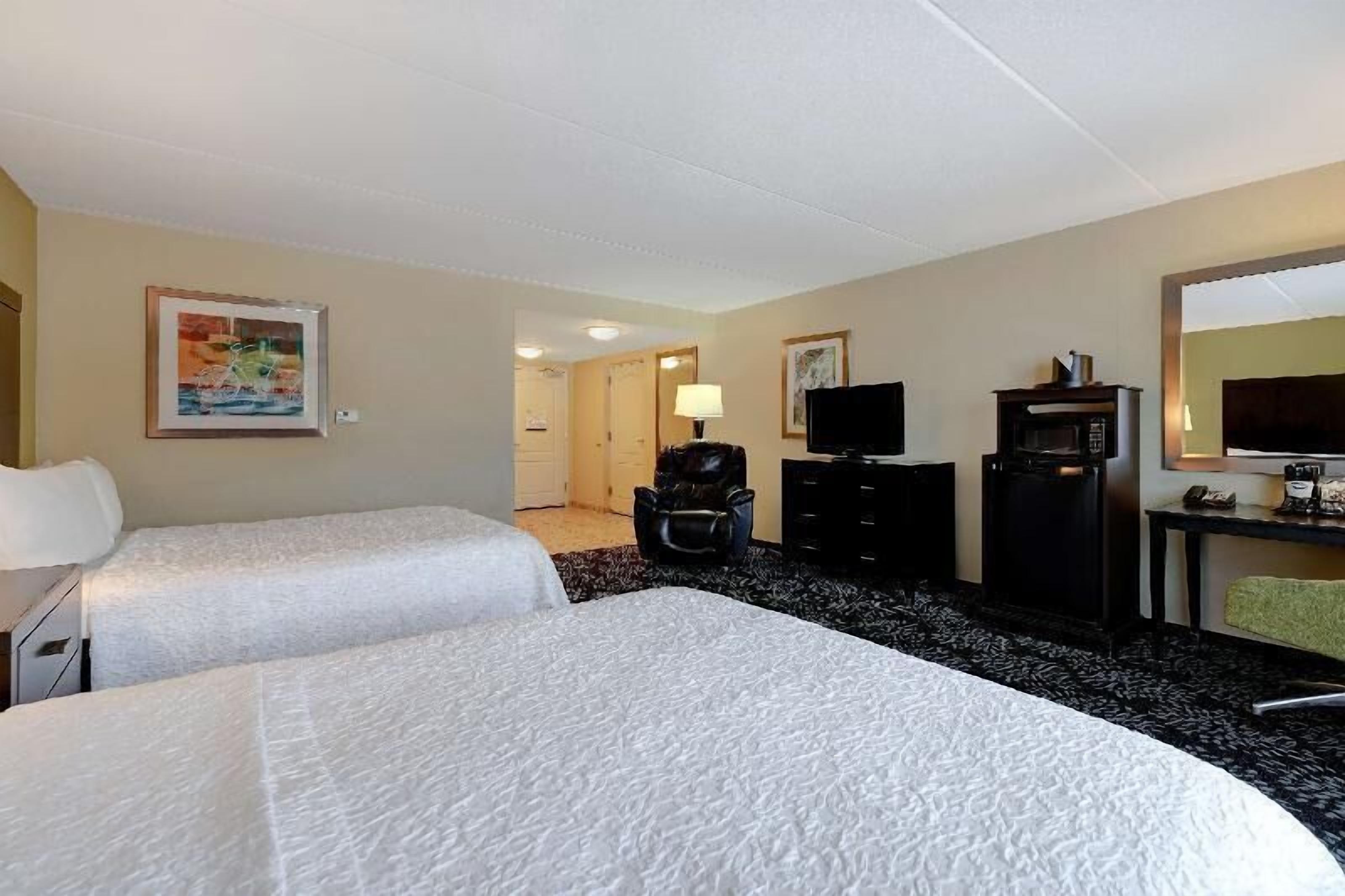 Desk, laptop workspace, blackout curtains, iron/ironing board