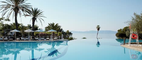 Inomhuspool, utomhuspool, parasoller och solstolar