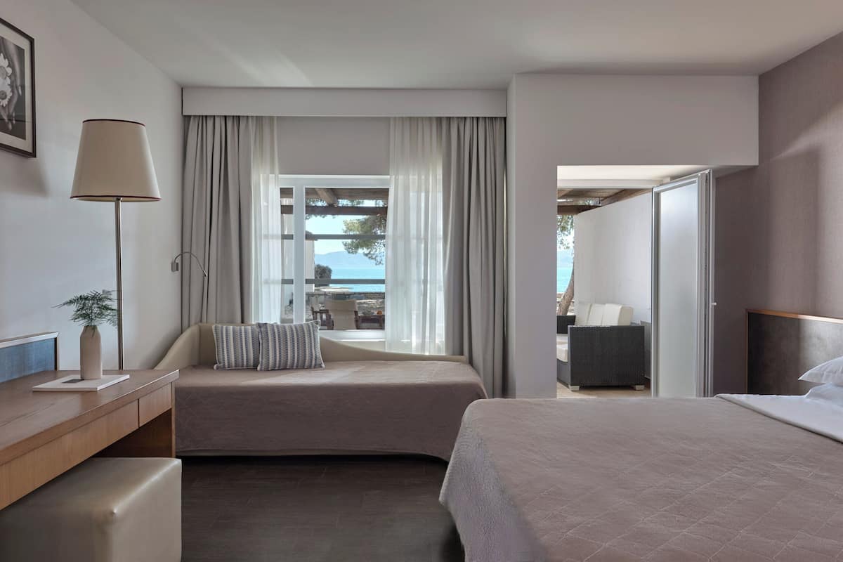 A hotel room with a bed, a sofa, a desk with a lamp, and a view of the outdoors.