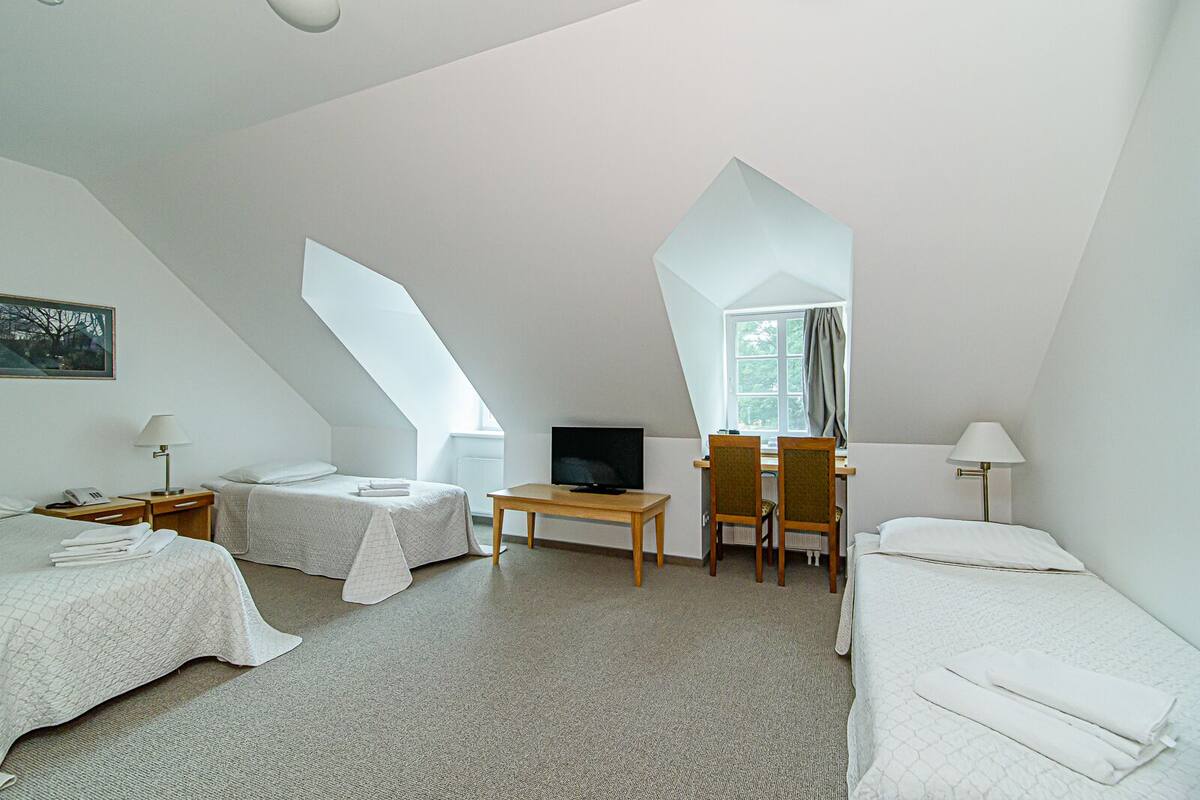 Une chambre moderne et bien éclairée, équipée de deux lits, d’un bureau, d’une télévision et d’une fenêtre avec des rideaux.