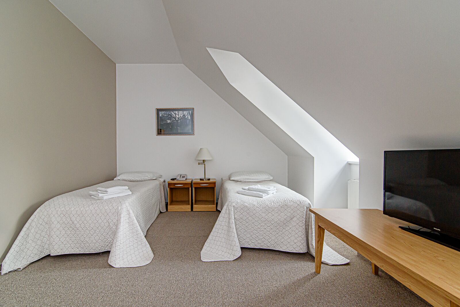 A room with two beds, a TV, a lamp, and a picture on the wall.