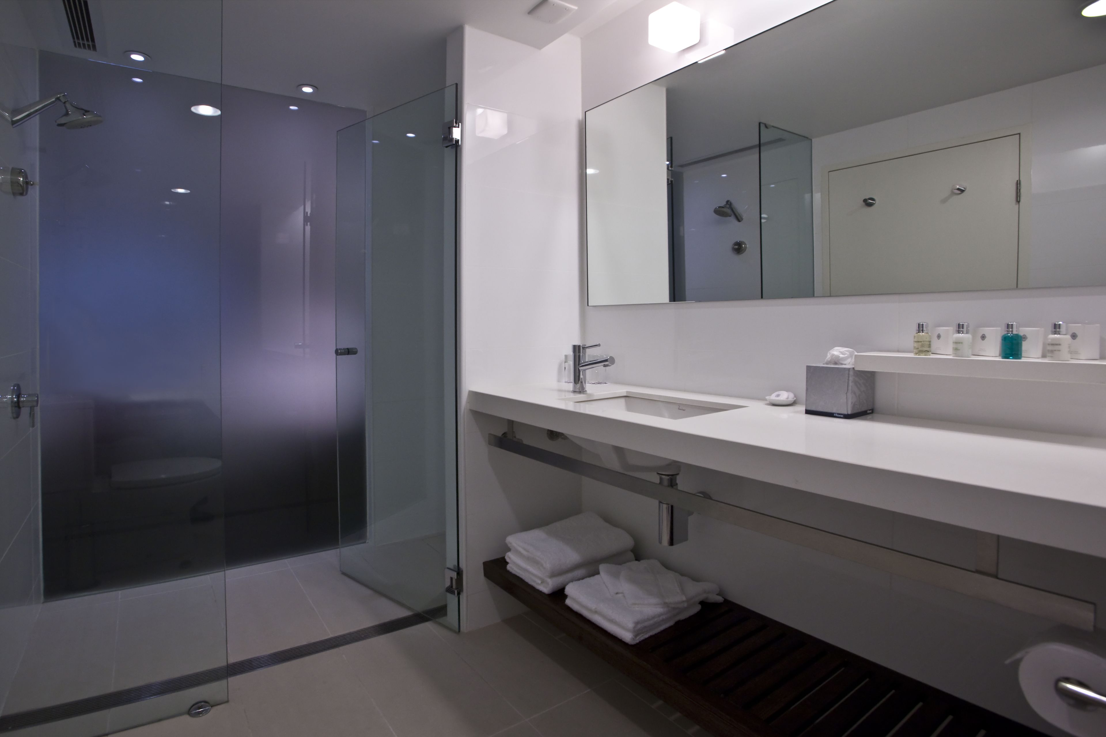 A modern bathroom with a glass-enclosed shower, a white sink, and a large mirror.