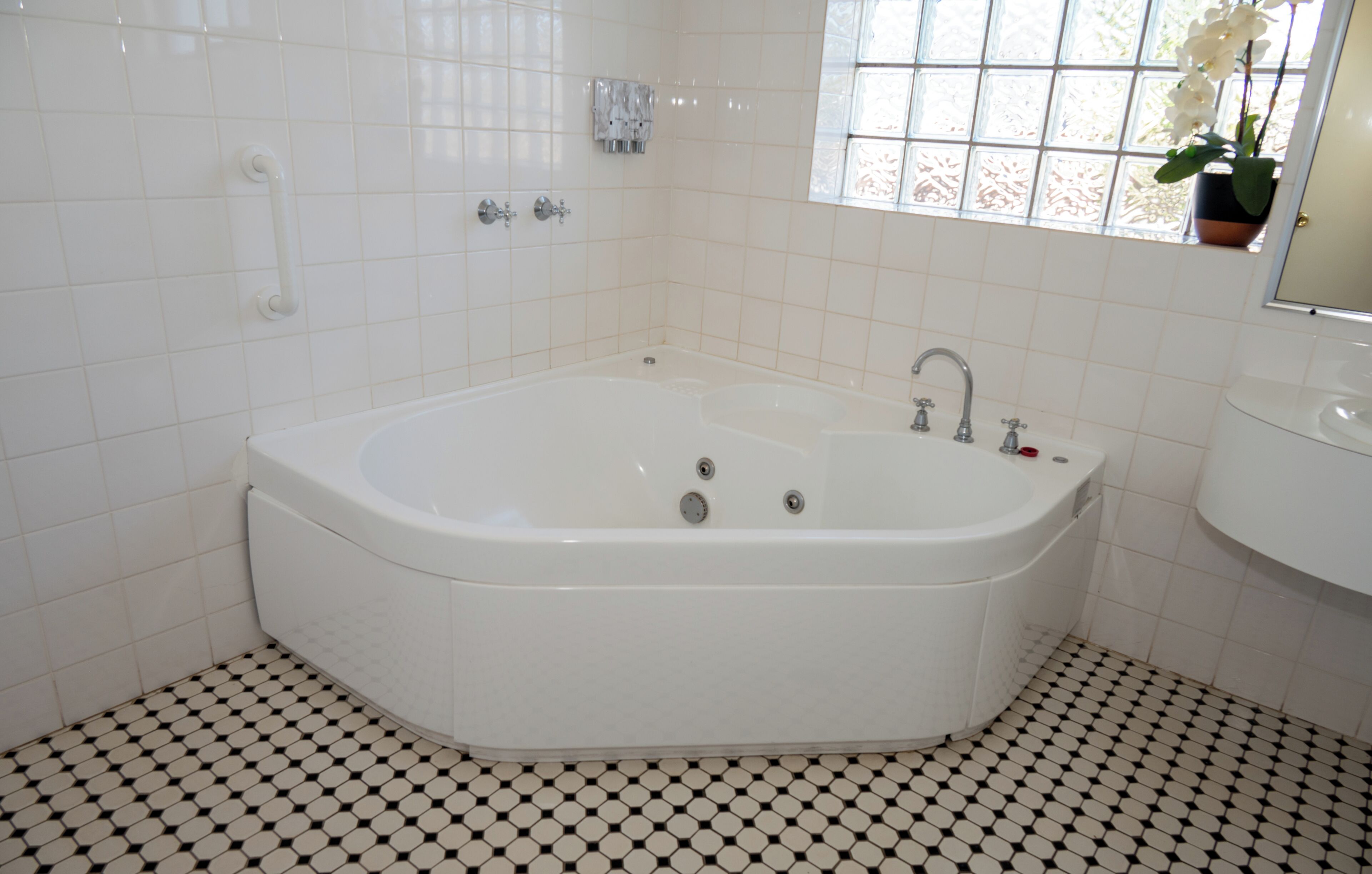 A bathroom with a large bathtub, a sink, and a window with a potted plant.
