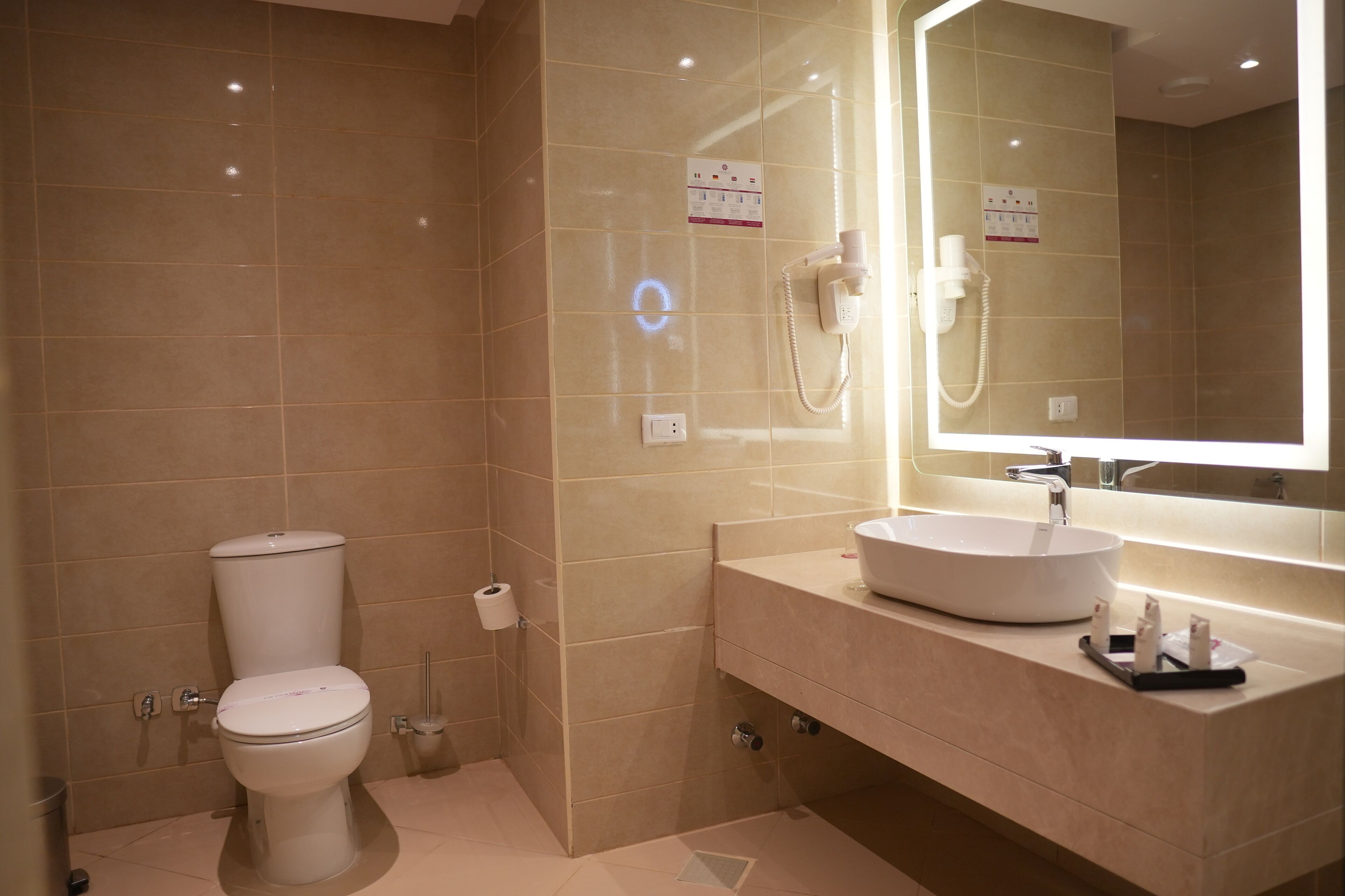 A modern bathroom with a toilet, sink, and large mirror.