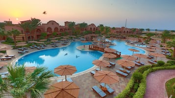 Outdoor pool, pool umbrellas, pool loungers