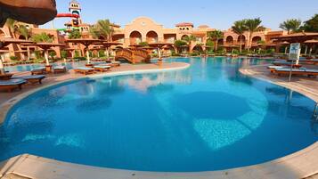 Outdoor pool, pool umbrellas, pool loungers