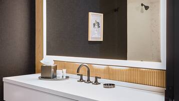 Shower, hydromassage showerhead, designer toiletries, hair dryer