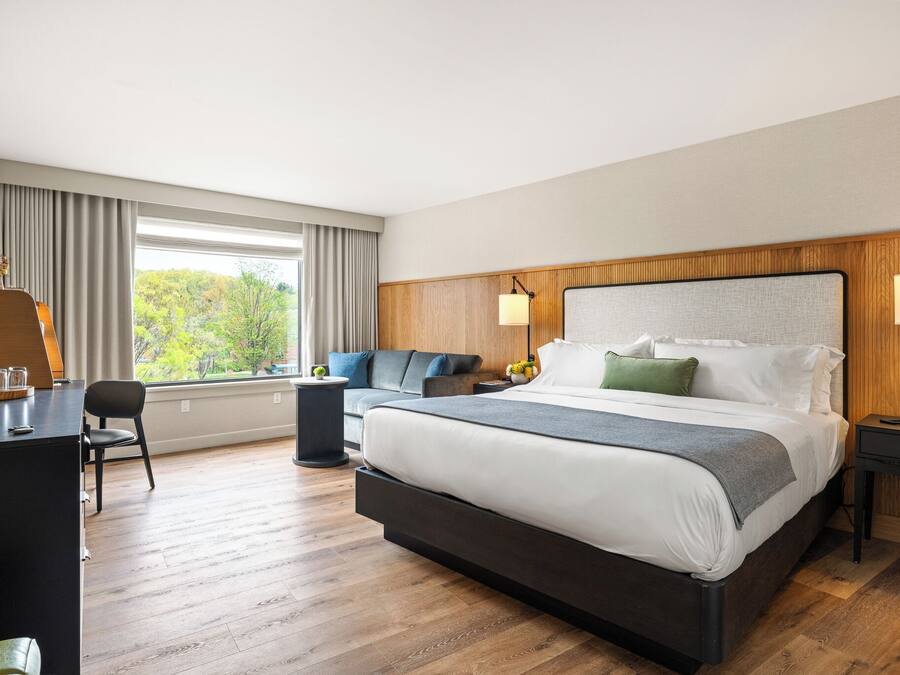 A modern hotel room with a large bed, a desk, and a sofa.