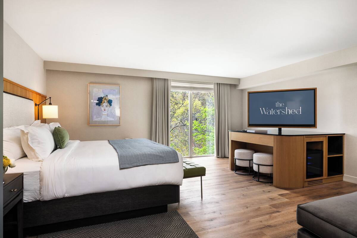 A modern hotel room with a large bed, a desk with a television, and a view of trees through the window.