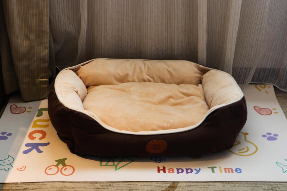 Un panier pour animal de compagnie de couleur marron à l’extérieur et beige à l’intérieur, posé sur un tapis orné de dessins colorés et du texte « Happy Time ».
