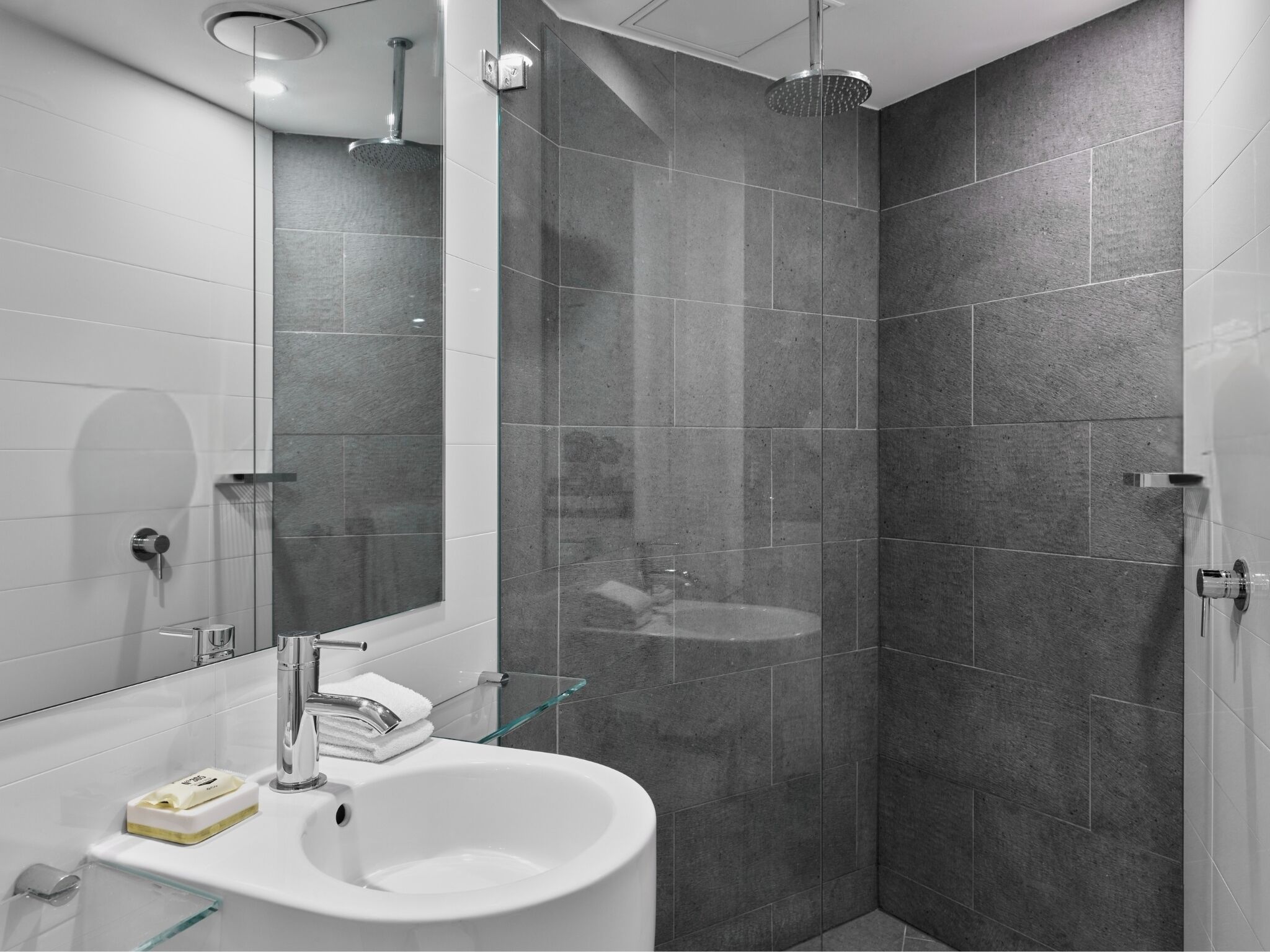 shower, rainfall showerhead, designer toiletries, hair dryer