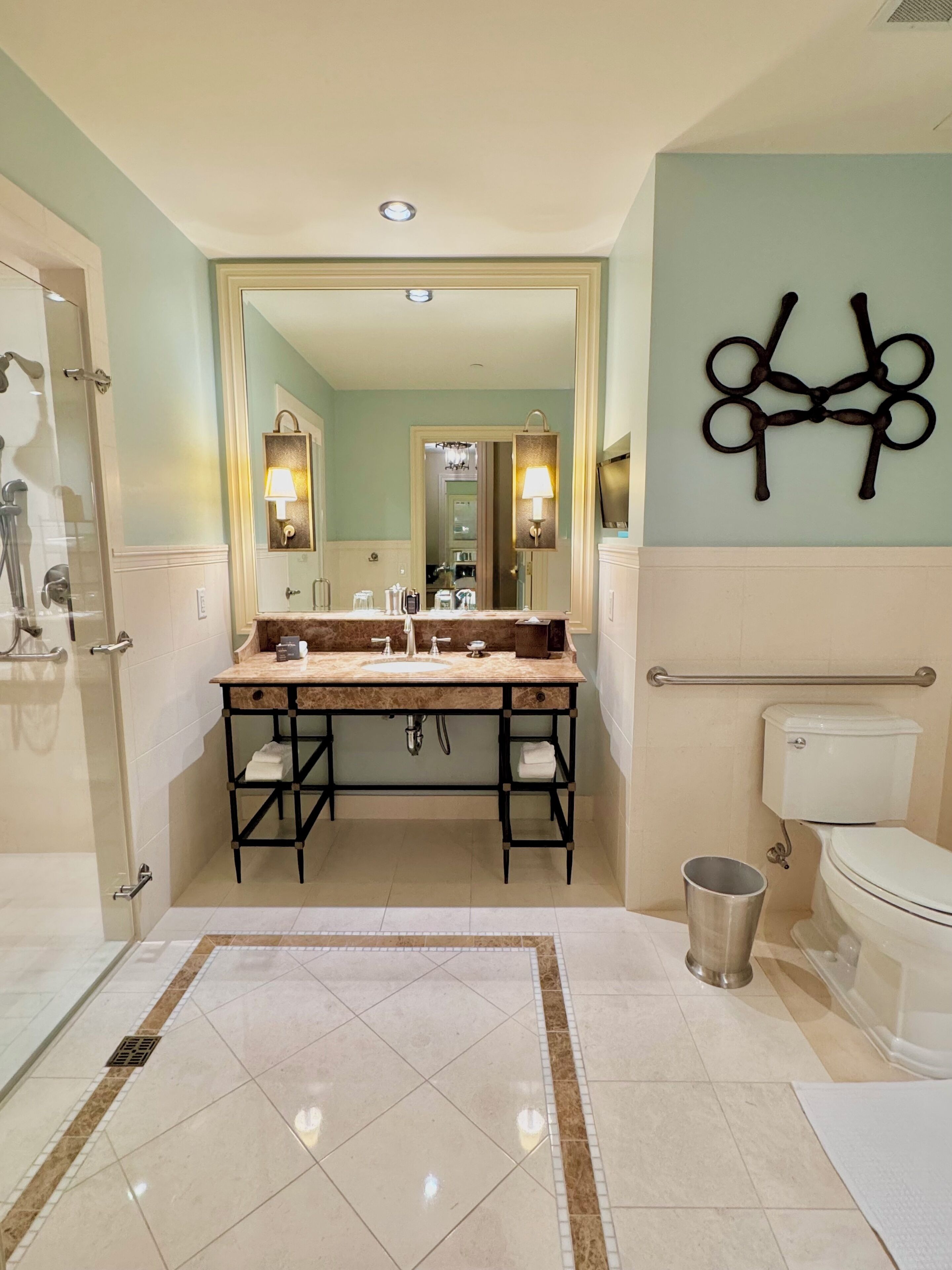 designer toiletries, hair dryer, bathrobes, slippers