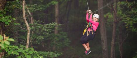 Una persona che vola su una zipline attraverso una foresta.