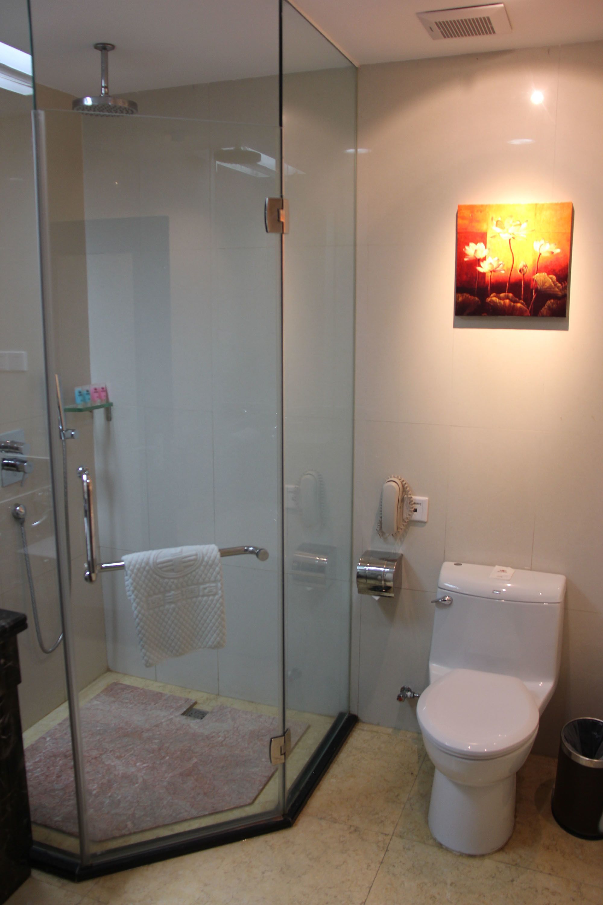 A modern bathroom with a glass-enclosed shower, a white toilet, and a painting on the wall.