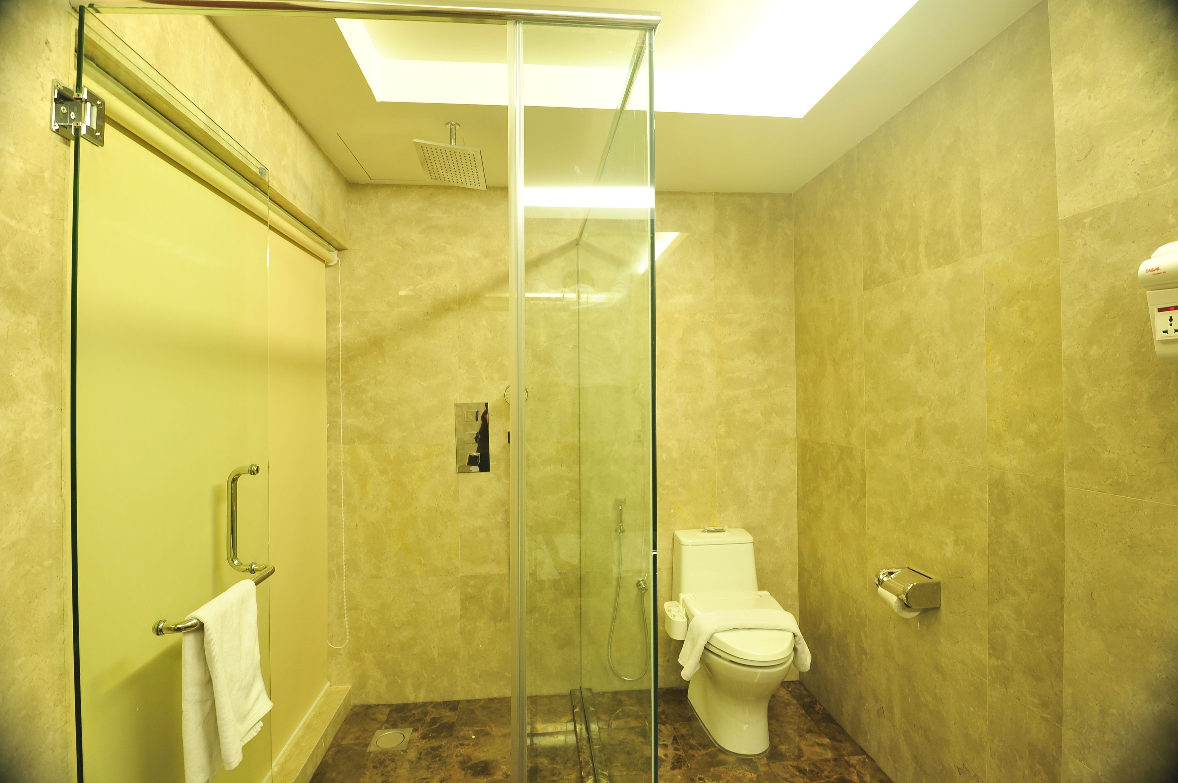 A bathroom with a glass shower enclosure, a toilet, and a towel rack.