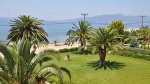 A coastal landscape with palm trees, a beach, and a clear view of the sea and distant mountains. - Elena Hotel (Lokroi)