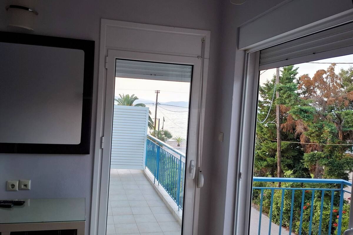 A balcony with a view of the sea, a white door, and a wall-mounted radiator.