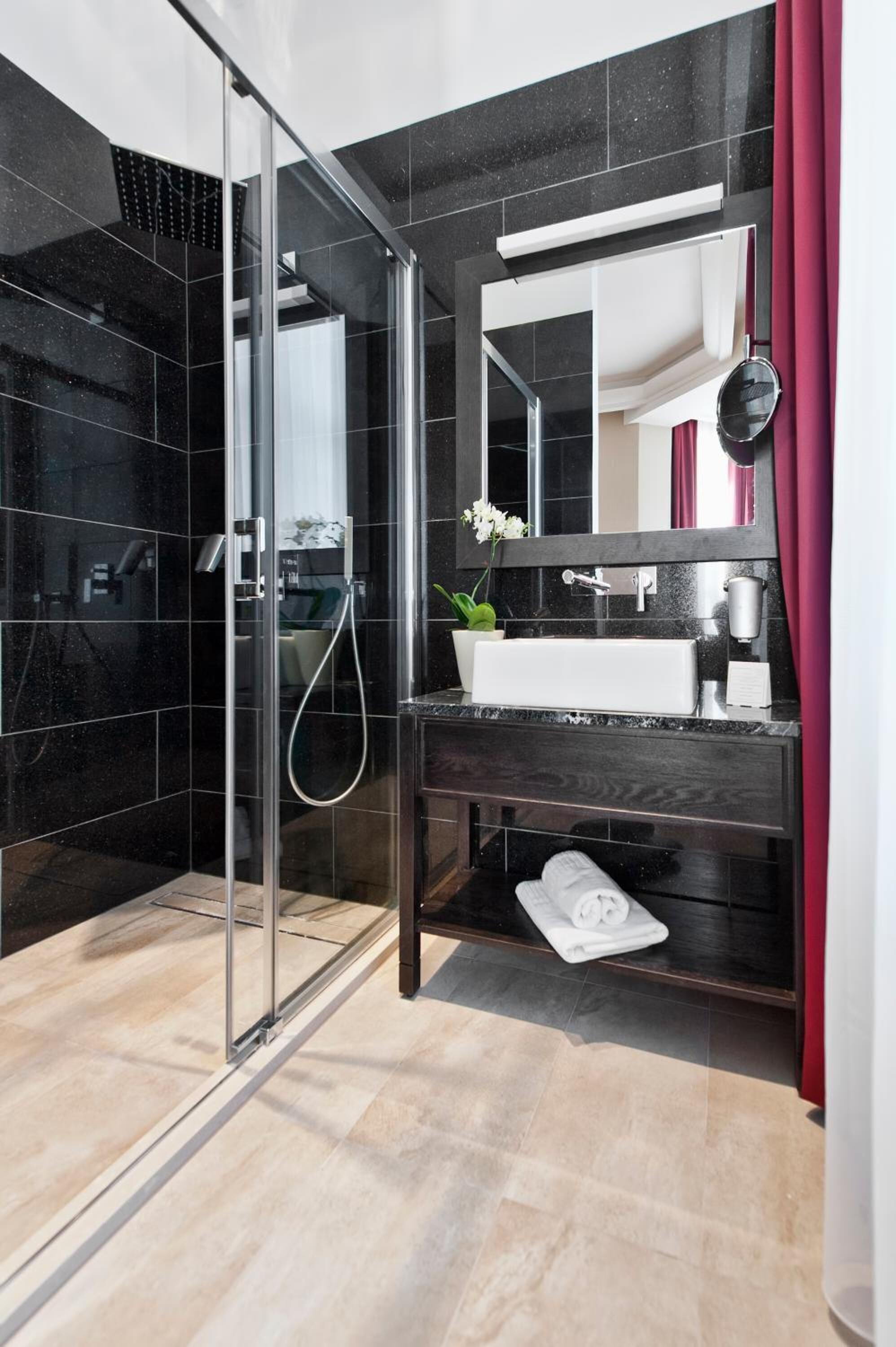 rainfall showerhead, free toiletries, hair dryer, slippers