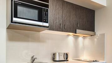 Fridge, microwave, stovetop, electric kettle