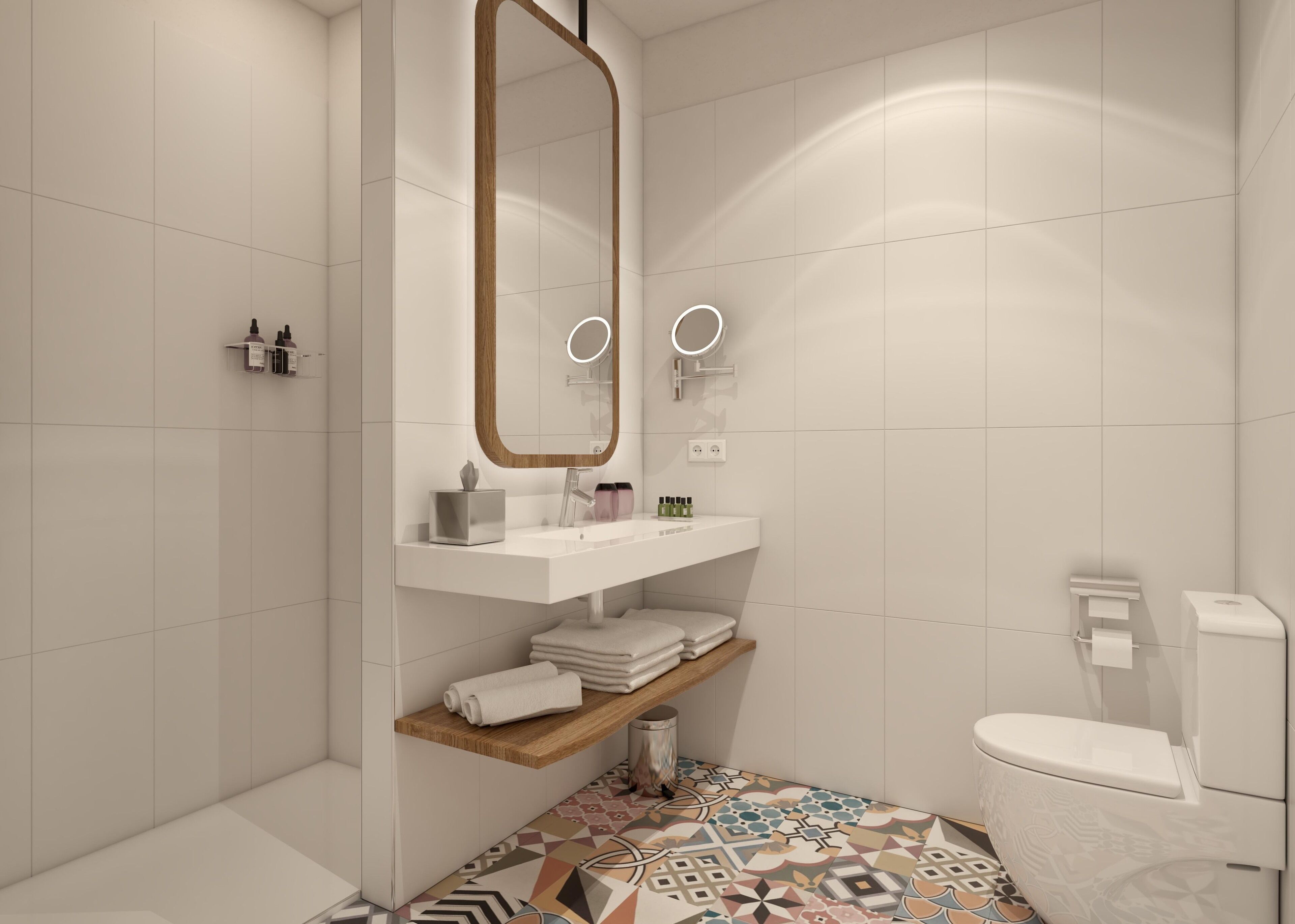 Une salle de bain moderne avec un mur recouvert de carreaux blancs, une étagère en bois où sont pliées des serviettes, des toilettes blanches et un miroir agrémenté de lumières circulaires.