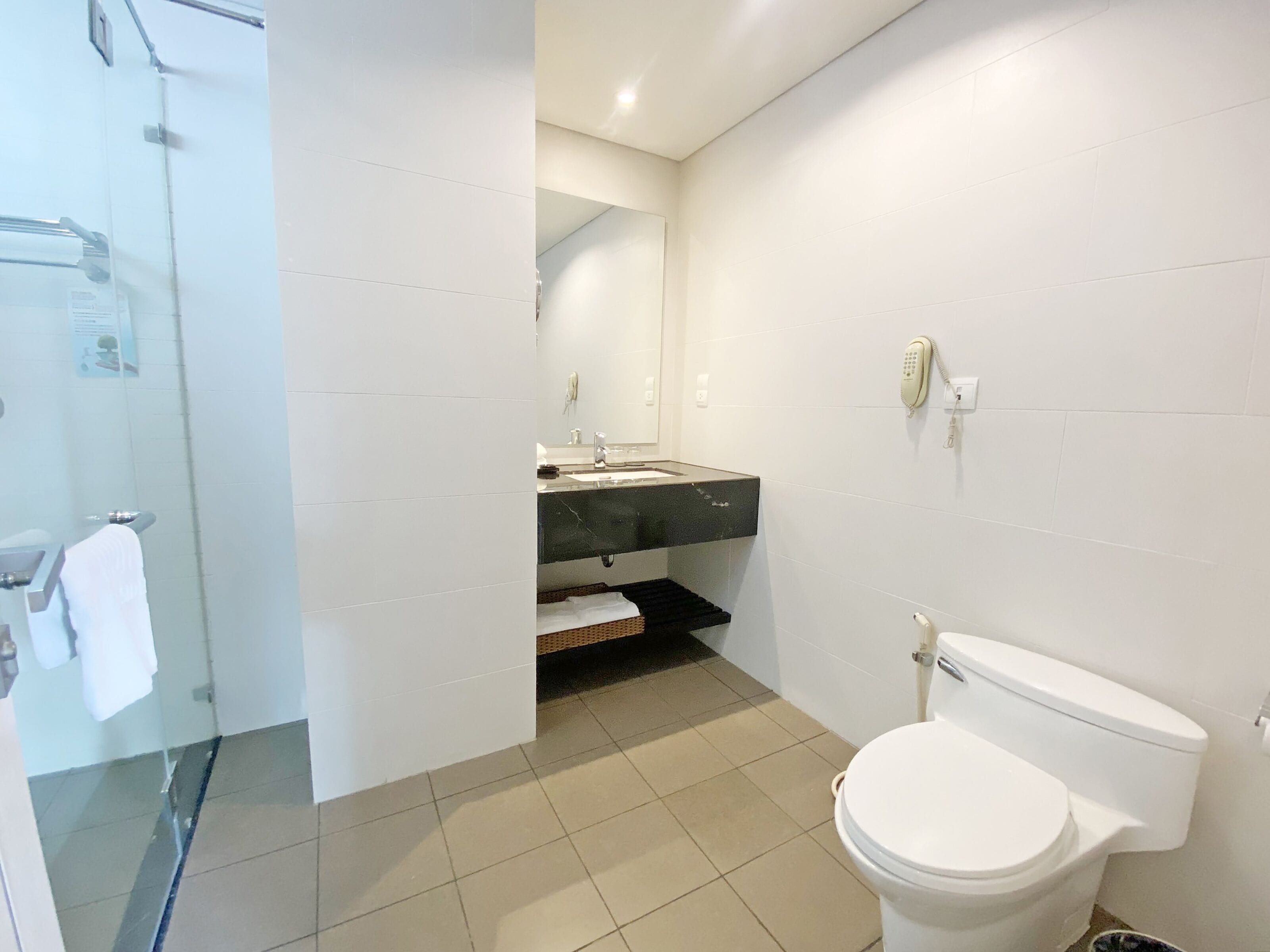 A modern bathroom with a toilet, sink, and glass shower enclosure.