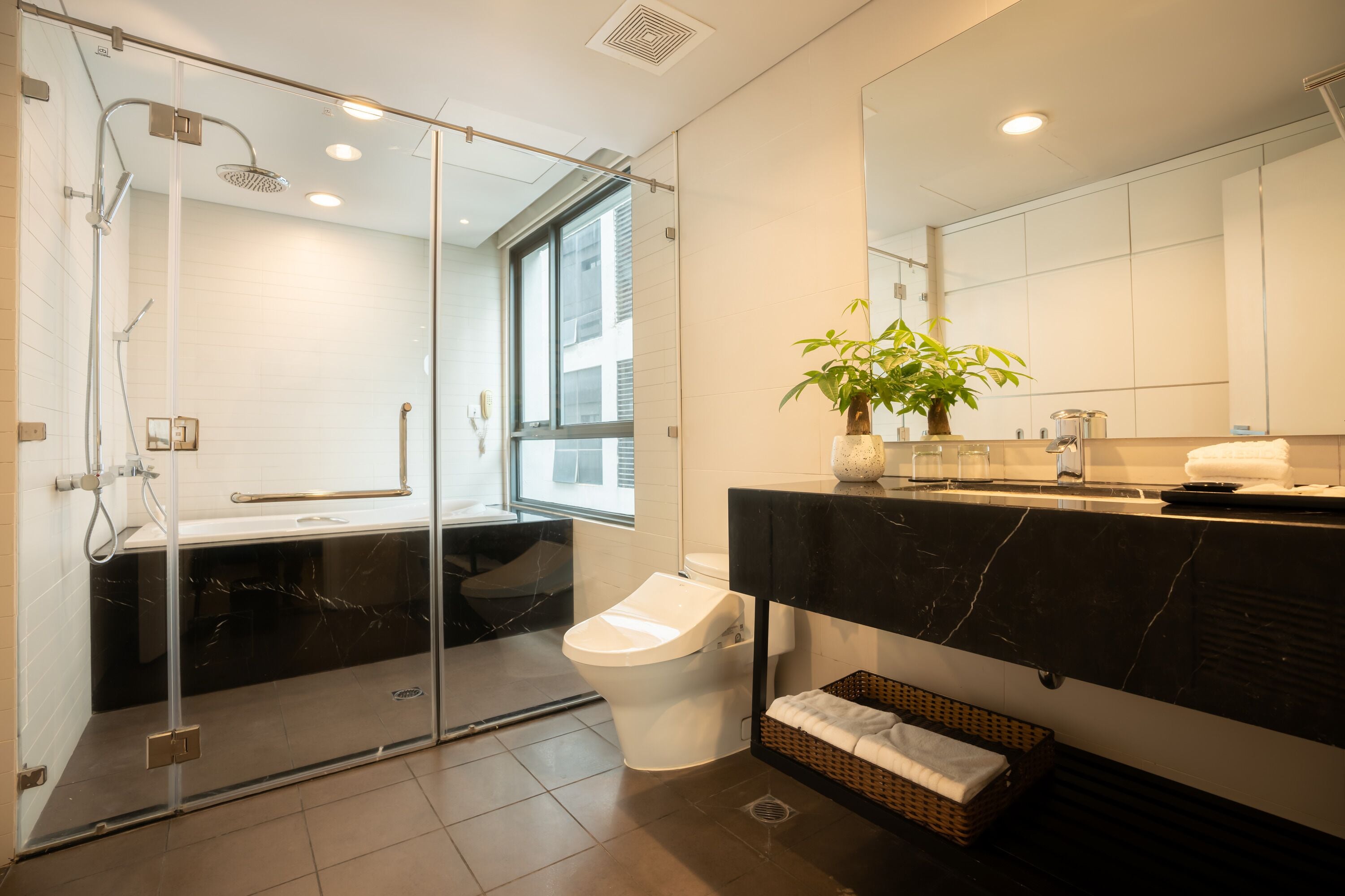 studio apartment  | bathroom | separate bathtub and shower, deep-soaking bathtub, hair dryer, slippers