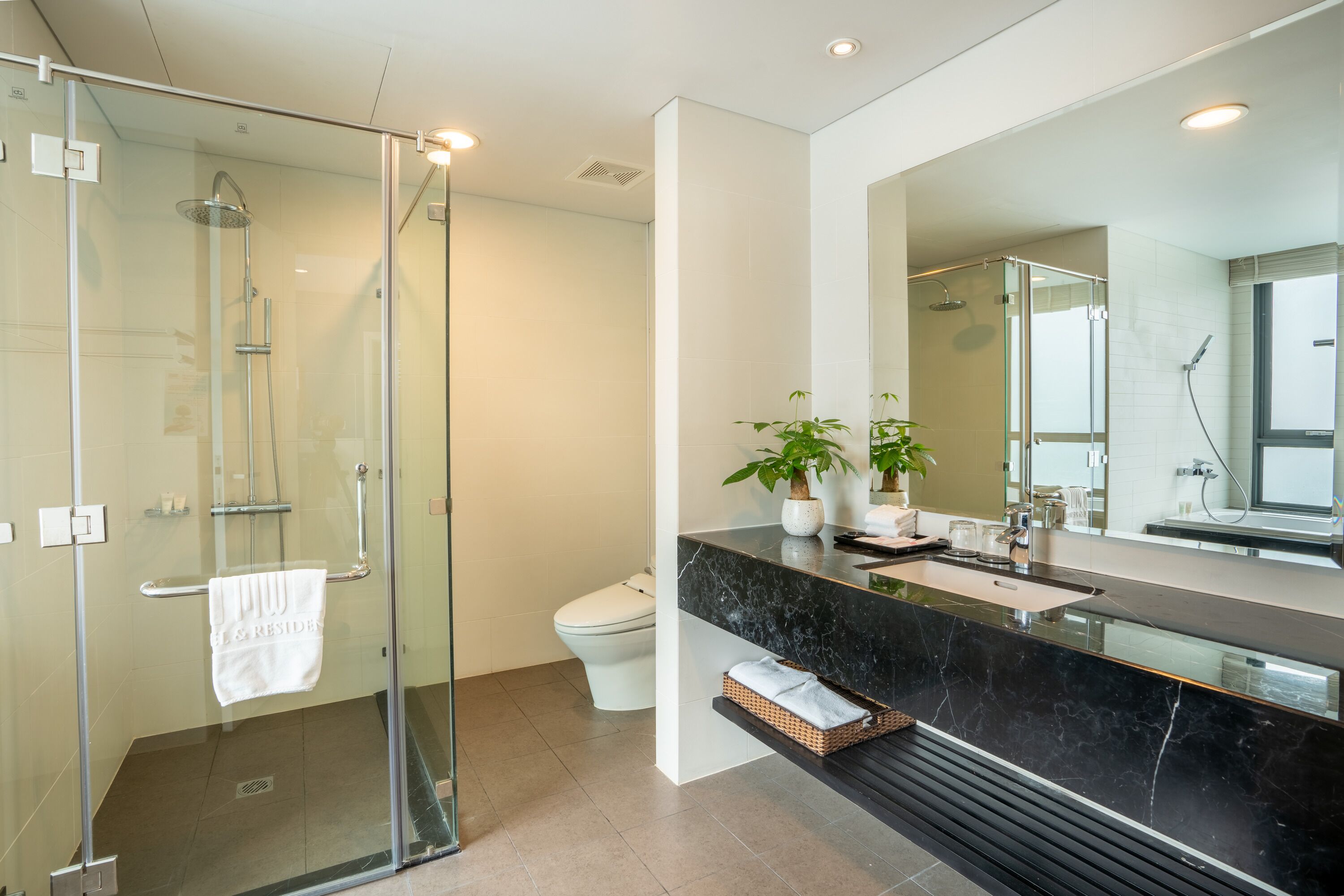 Un bagno moderno con box doccia in vetro, un water, un lavabo con piano in marmo e uno specchio grande.