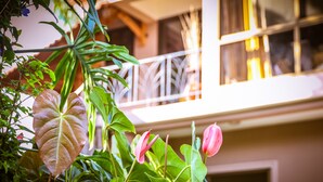 A balcony with a railing, surrounded by lush green plants and a pink flower. - Zawadi House (Arusha)