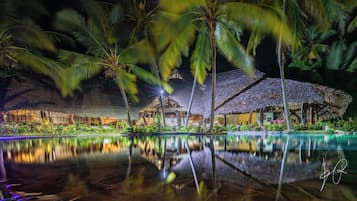Outdoor pool, pool umbrellas, pool loungers