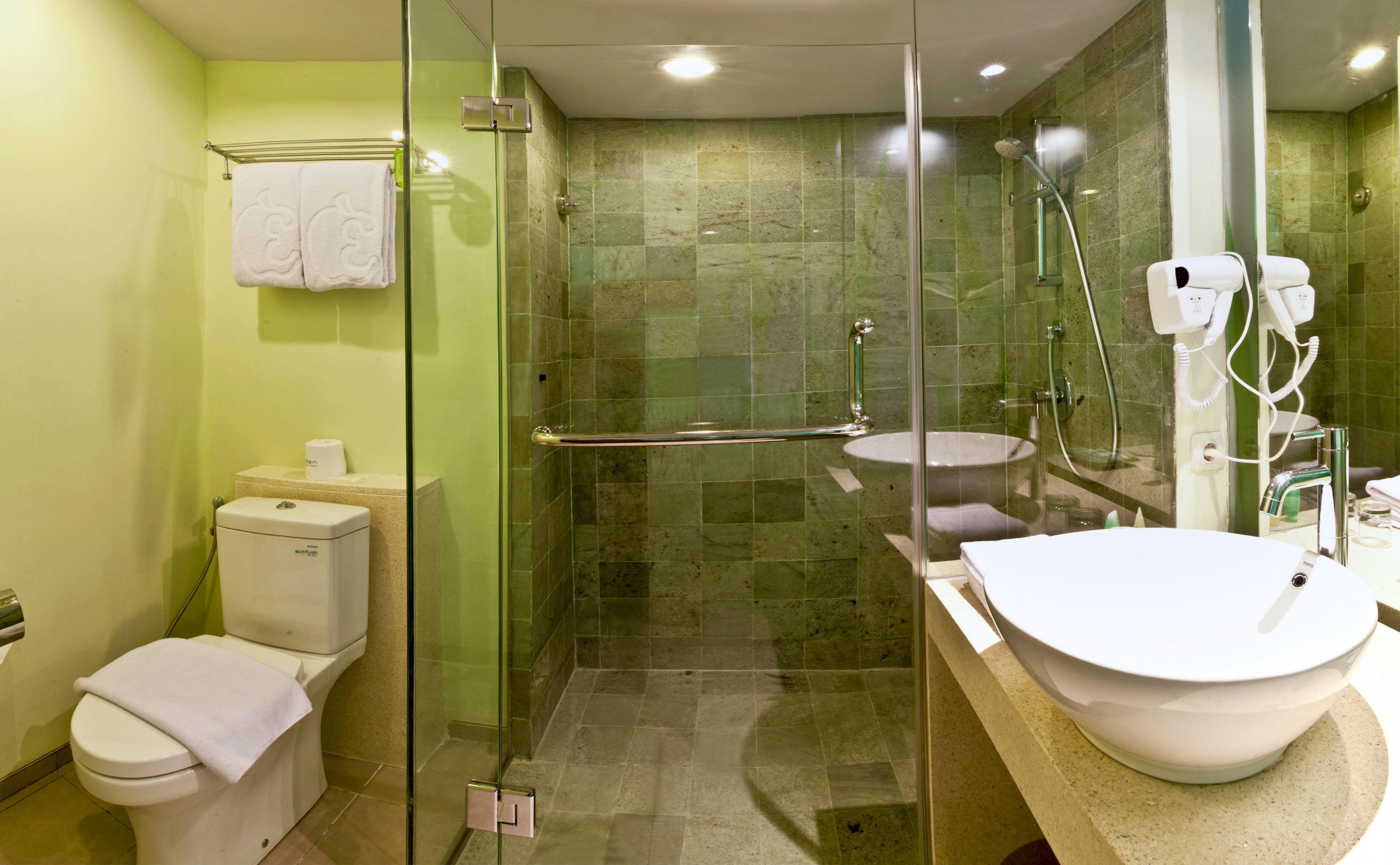 free toiletries, hair dryer, slippers, towels