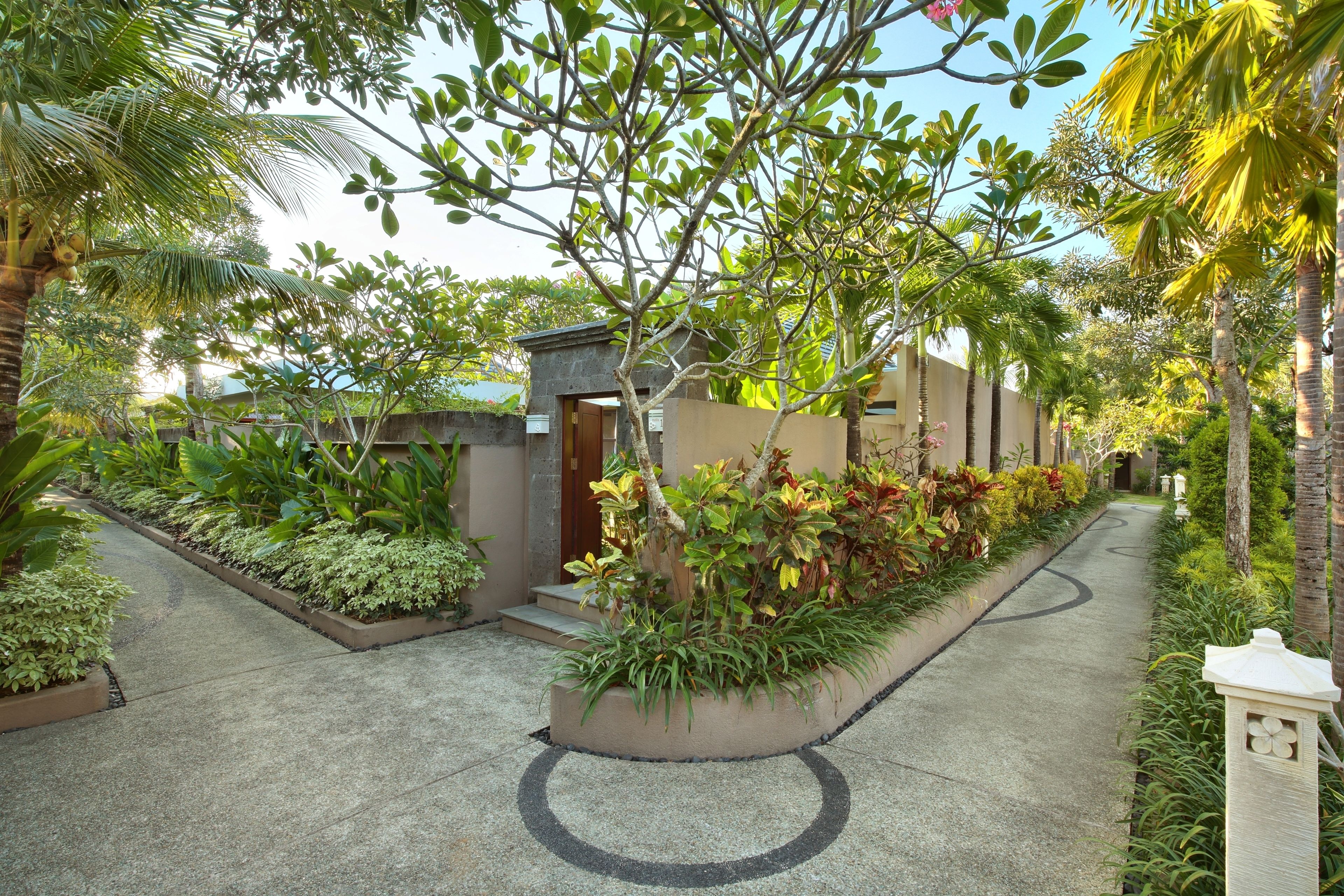A pathway lined with lush greenery and a small building with a door, surrounded by various plants and trees.