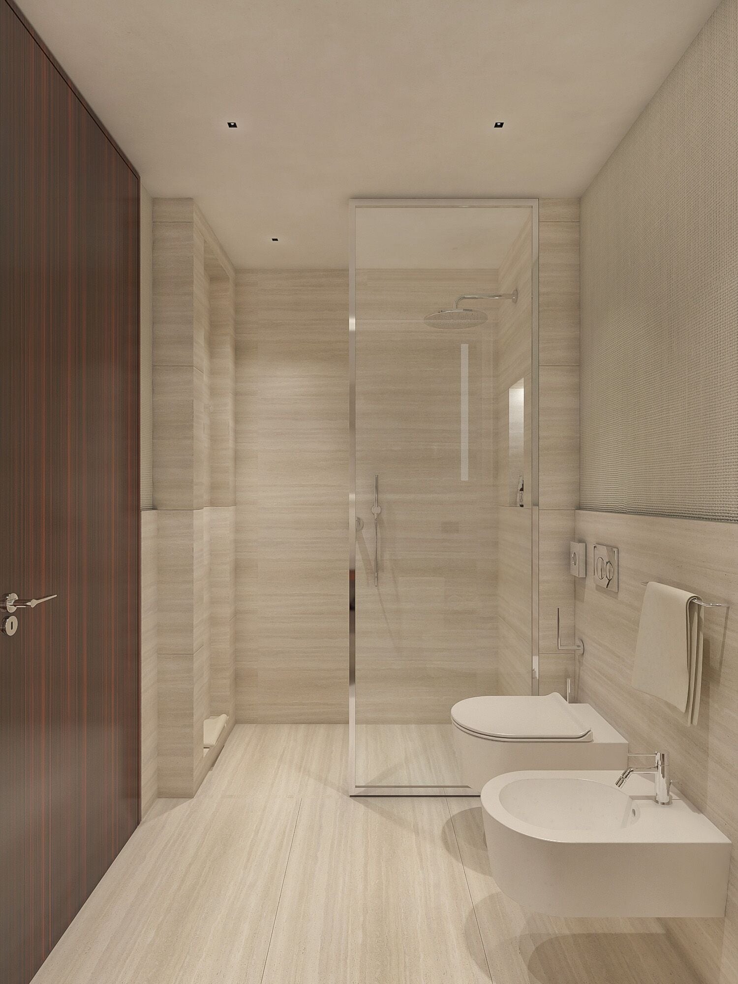 A modern bathroom with a glass-enclosed shower, two sinks, and a wooden door.