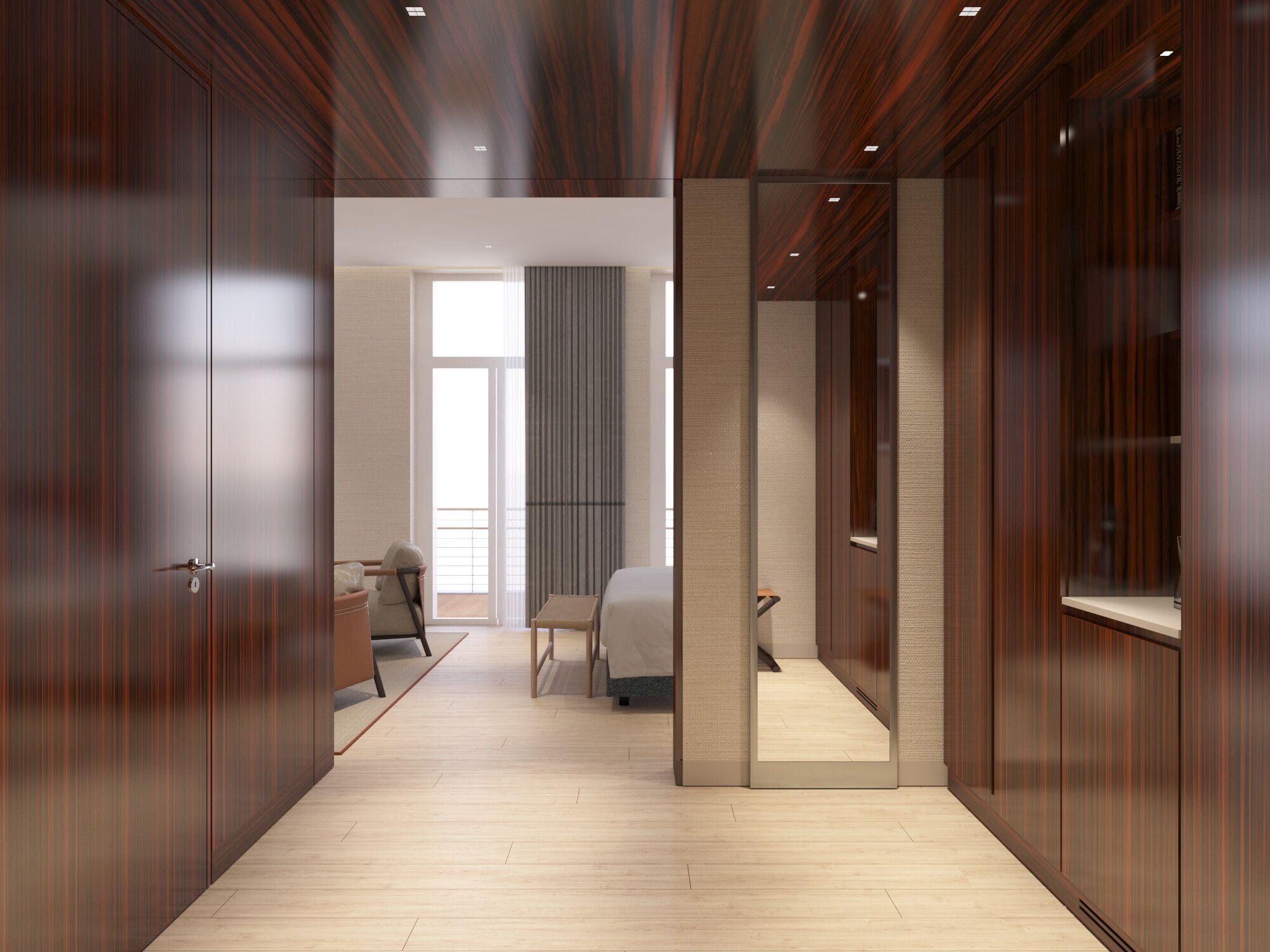 Een moderne hotelkamer met een houten vloer, een bed, een bureau en een stoel.