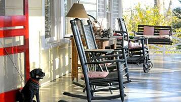 A porch with rocking chairs, a dog, and a lamp.