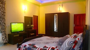 Una camera da letto con un letto, una televisione, una scrivania e un armadio.