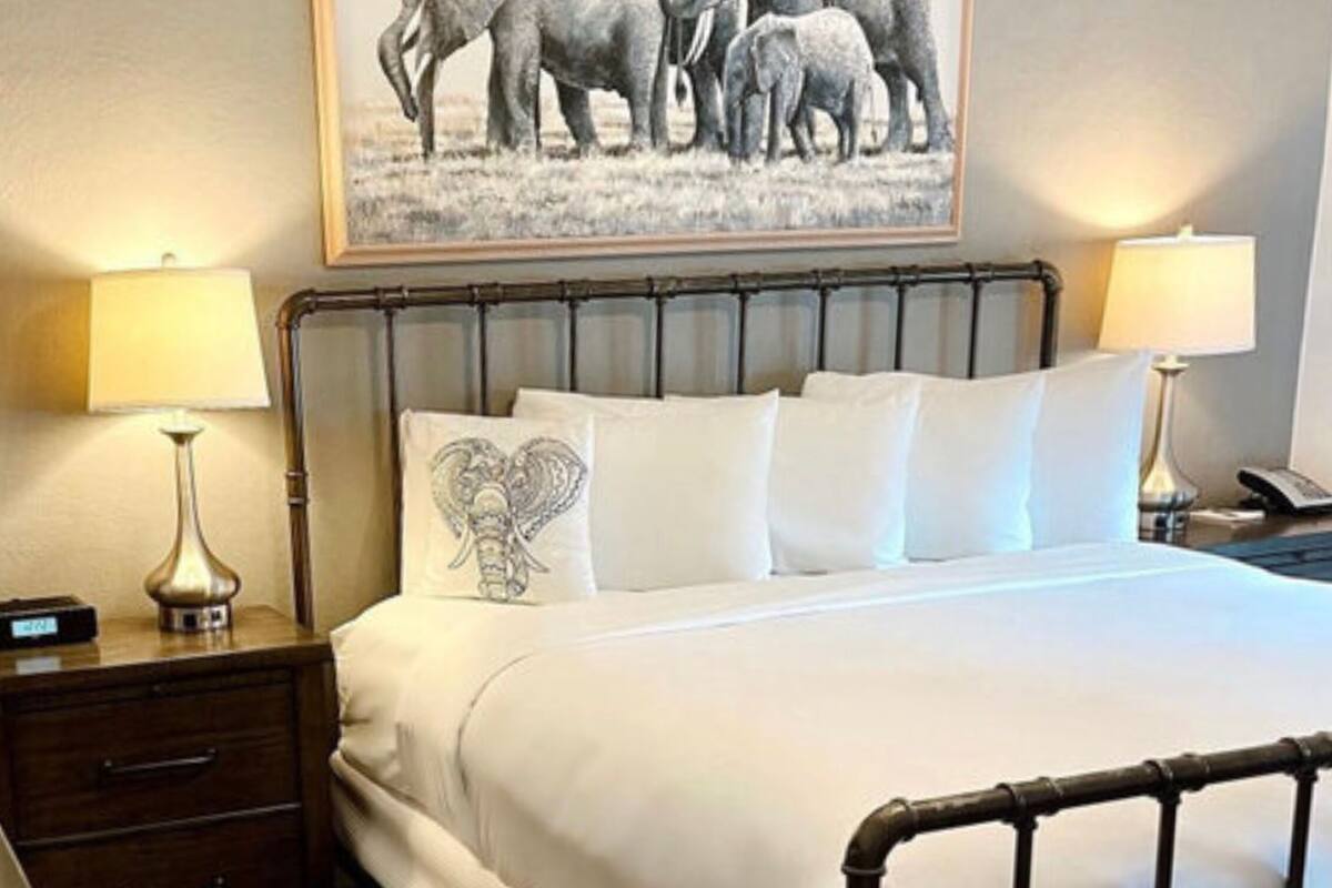 A neatly made bed with white linens and a heart-shaped pillow, flanked by two bedside lamps and a nightstand with a small elephant figurine.