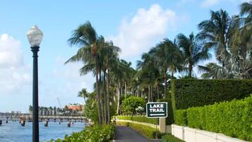 A pathway lined with palm trees and a sign indicating a lake trail.